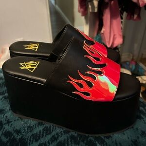 YRU Black and Red Flame Platform Sandals